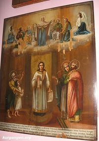 Село Звериноголовское - 2009-08 — Крестовоздвиженская церковь. Икона, пожертвованная казаками в начале ХХ века. Надпись внизу: 12 Оренбургский казачий полк, станица  Усть-Уйская и фамилии дарителей. Фото Николая Павлова.